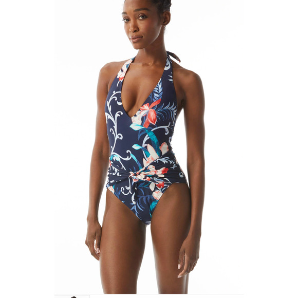 Carmen Marc Valvo V-Neck Halter One Piece Swimsuit - Tivoli Garden NWT Size 10 - Picture 2 of 10